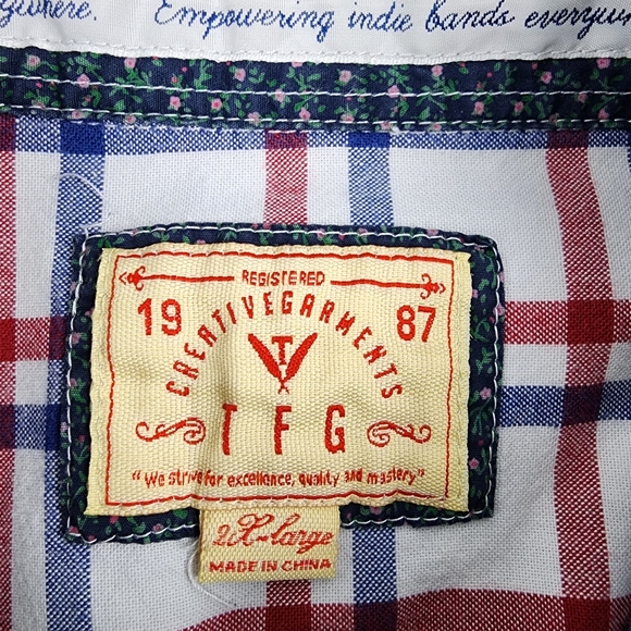 TFG Creative Garments Western Shirt Mens XL Plaid Pearl Snap Red White Blue - Picture 3 of 8